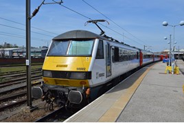 Greater Anglia 90002 at Norwich. RICHARD CLINNICK.