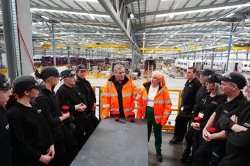 Labour leader Sir Keir Starmer and Shadow Transport Secretary Louise Haigh meet workers at Hitachi’s Newton Aycliffe depot on April 25, the day Labour published its Getting Britain Moving plan