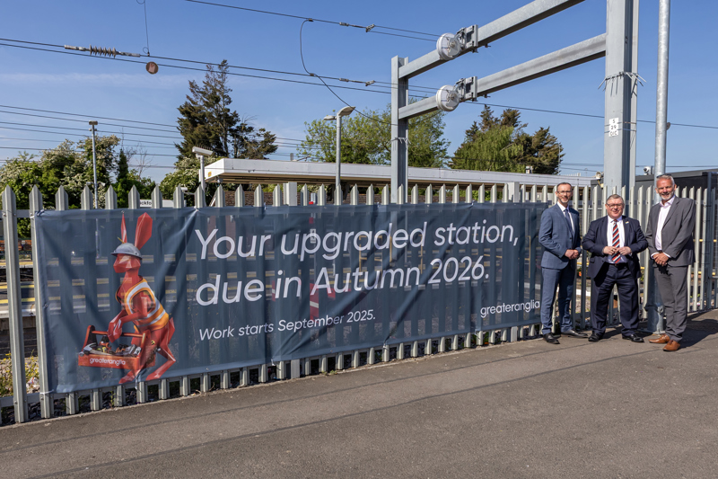 Andrew Goodrum, Infrastructure and Projects Director for Greater Anglia, Rayleigh and Wickford MP Mark Francois and Phil Webb, Managing Director for Walker Construction, at Wickford station. GREATER ANGLIA.
