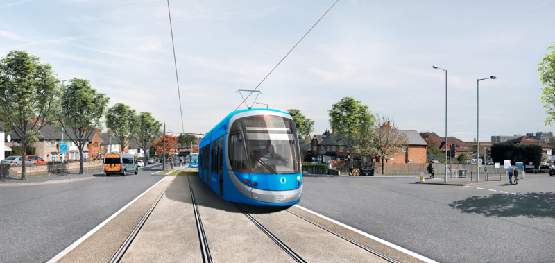 Artists impression street view of a tram passing the entrance to the Heartlands hospital. MIDLAND METRO ALLIANCE