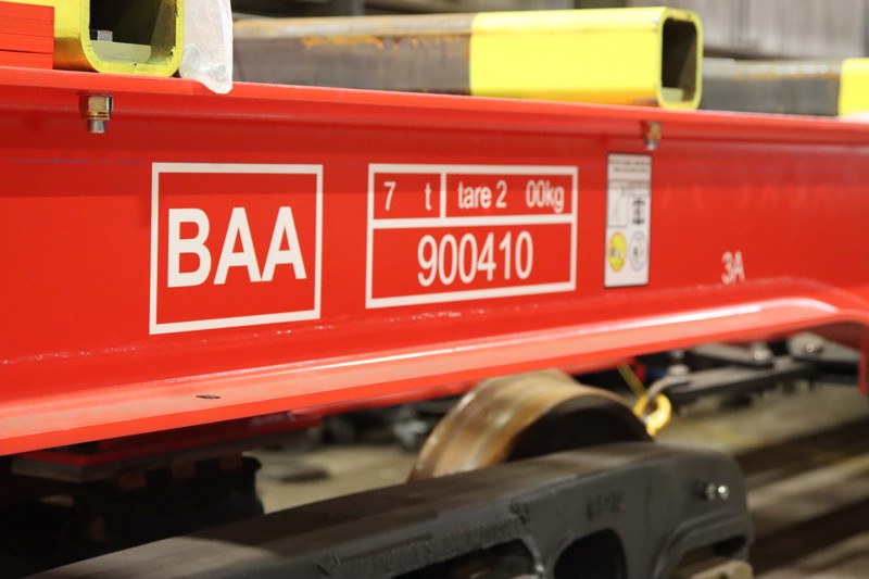 Up close view of BAA wagon being repurposed for steel slab flows. DB CARGO UK.