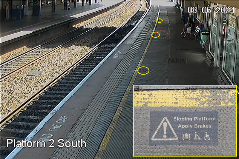 CCTV footage showing the locations of the signs on platform 2 (yellow ellipses) near where the accident occurred. The red dashed ellipse shows the approximate position of the pram 15 seconds before the accident. Inset image shows an example of the signage present