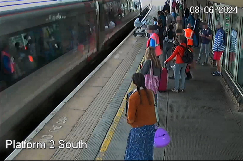 CCTV from Banbury station of the moment the pram rolled towards the moving CrossCountry train. Image from Chiltern Railways