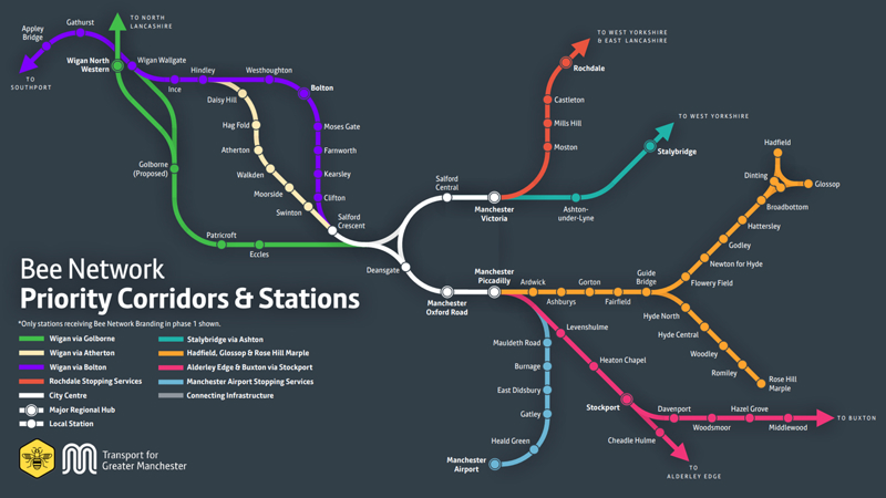 Bee Network with the eight routes Transport for Greater Manchester plans to take over. TRANSPORT FOR GREATER MANCHESTER.