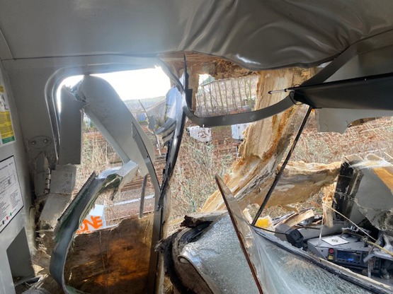 Inside the cab of the ScotRail HST after it hit the tree at Broughty Ferry. RAIB.