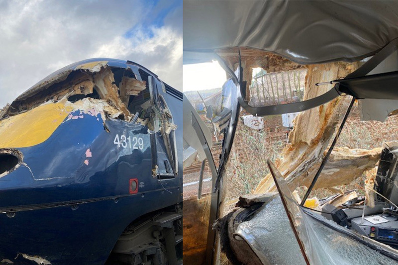 The damaged ScotRail HST, viewed from outside and in, after it hit a tree near Broughty Ferry. RAIB.