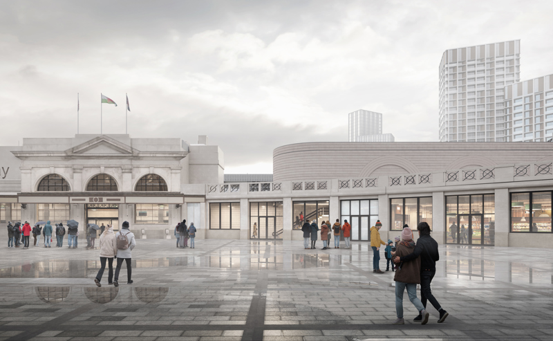 Artist's impression of Cardiff Central's northern entrance and new platform 0 building. TRANSPORT FOR WALES.