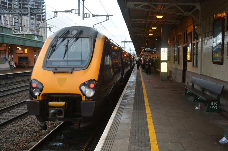 Voyager 220008 at Cardiff Central before the first CrossCountry service to Edinburgh. DAVID STUBBINGS.