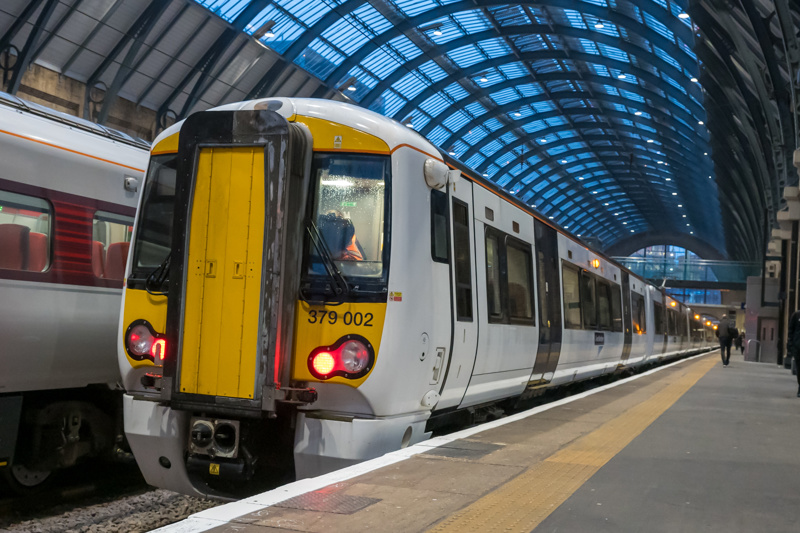 GTR 379002 and 379022 wait at King’s Cross Platform 4 with the inaugural Great Northern passenger service to Letchworth Garden City on February 10. GTR.