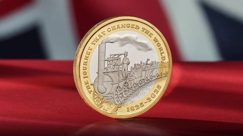 Locomotion features on Royal Mint's £2 coin issued to celebrate 200 years of the modern railway. ROYAL MINT.