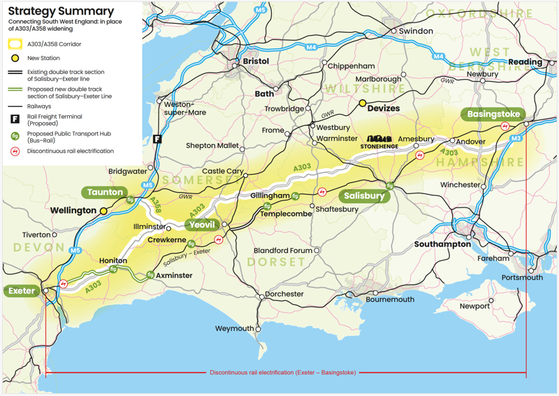 A map from the Connecting South West England study showing the West of England line and A303. GREENGAUGE 21.