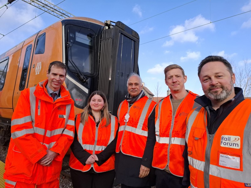 (l-r) John Doughty, West Midlands Railway; Rosie Coyle, Coventry City Council; Cllr Pervez Akhtar, Coventry City Council; Edward Hughes, National Skills Academy for Rail; and Dave Ellis, RailForum viewing upgrades and a Cl.730 at Coventry North Yard.