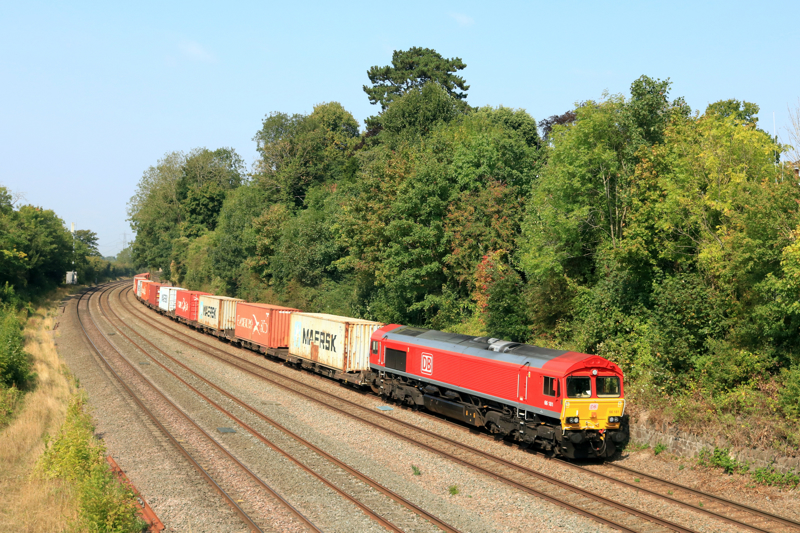 DB Cargo 66181, in red livery, passes Barrow upon Soar on the Midland Main Line on September 6 2024, with the 1055 East Midlands Gateway-Felixstowe North intermodal. The unit has been identified as one of those next in line for conversion. PAUL BIGGS.