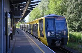 A Stadler battery-electric Class 777 calls at Sandhills station in Liverpool, en route to Headbolt Lane. Photo by Paul Bigland