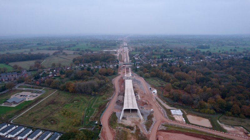 Drone photo showing construction work of the HS2 Burton Green 'green tunnel'. HS2 LTD.