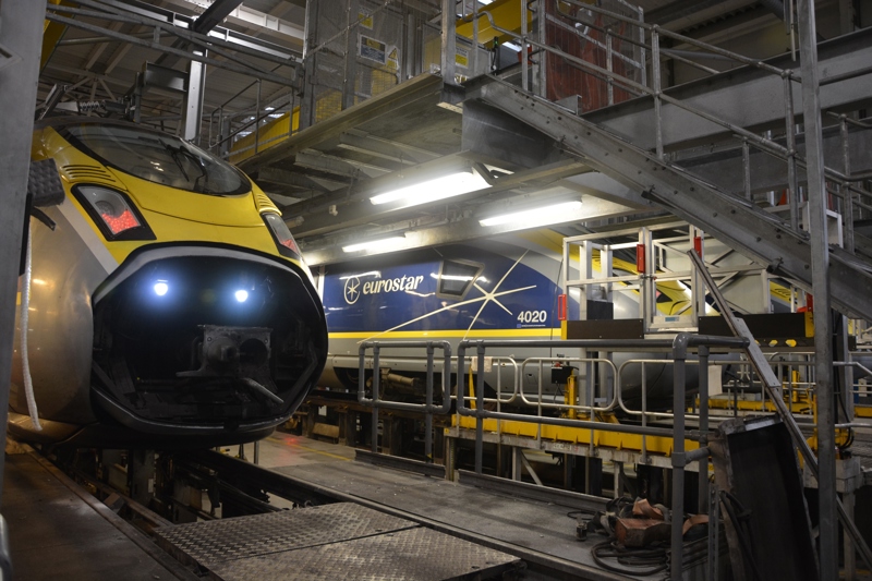 Two Eurostar e320 units inside Temple Mills International Depot. DAVID STUBBINGS.