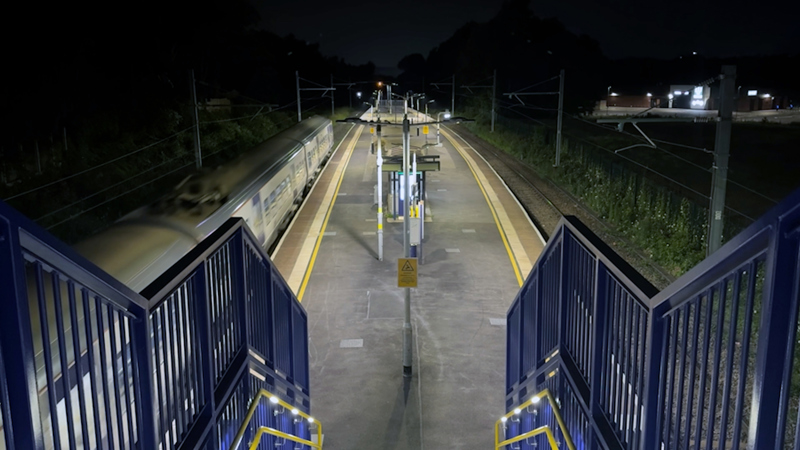 Northern Class 323 passes Ince station during the first electric-powered runs between Wigan and Bolton. NETWORK RAIL.