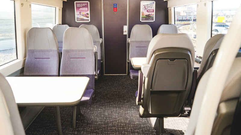Inside the refurbished EMR Class 170. EAST MIDLANDS RAILWAY.