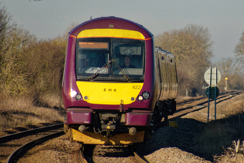 East Midlands Railway 170422 and 170531 approach Sewstern Lane crossing near Sedgebrook (Lincolnshire) on March 2, working the 0918 Nottingham- Norwich. PAUL CLARK.