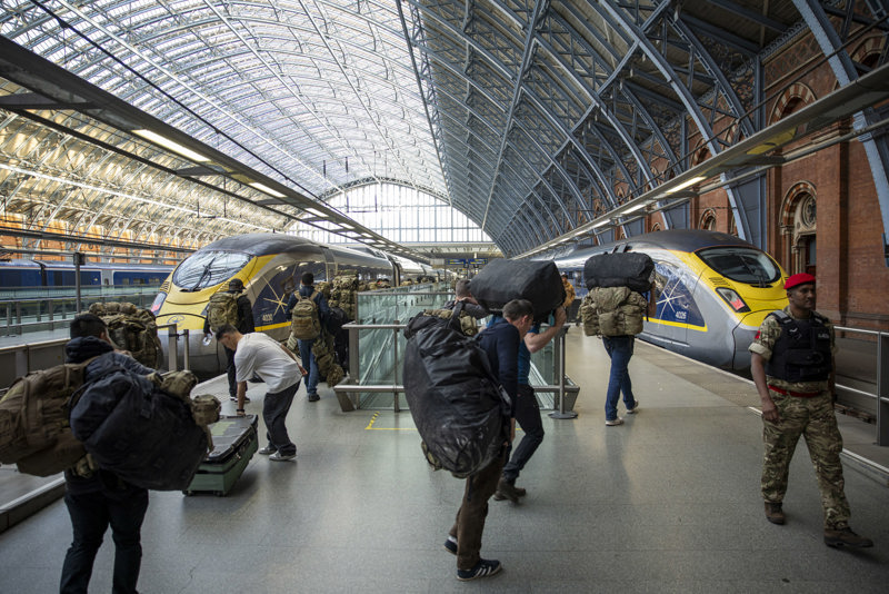 Members of the 4th Light Brigade Combat Team at St Pancras before boarding a Eurostar service to Brussels as part of their deployment to Estonia. MOD