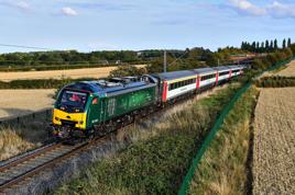 Rail Operations Group’s new Stadler Class 93s have started tests on the Melton RIDC test track. On September 4, 93001 passes Normanton Wolds as it brings up the rear of a train being hauled by 93002, which is out of sight. JASON CROSS