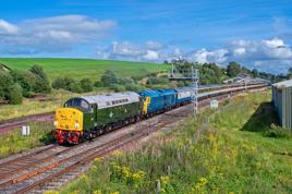 Class 40 D213 Andania pilots 50050 at Hellifield, on the circular Preston to Preston trip. TOM MCATEE.