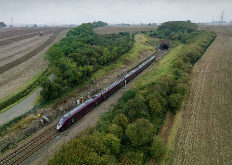 An EMR Class 810 has just emerged from Stoke Tunnel (near Grantham), running on test as the 0946 Old Dalby to Newark Northgate on September 20. PAUL CLARK.