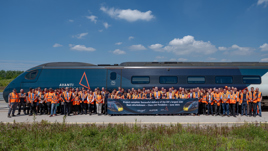 Colleagues from Alstom, Angel Trains and Avanti West Coast in front of the final refurbished Pendolino (390020) at Widnes. AVANTI WEST COAST.