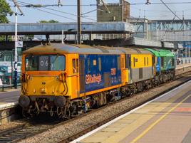 On July 30, 73107 Tracy and 73119 Paul Taylor pass Peterborough, hauling failed 66796 The Green Progressor from Tonbridge to the GBRf depot in the city, prior to its move to Doncaster for repairs. ALAN BERRISFORD.