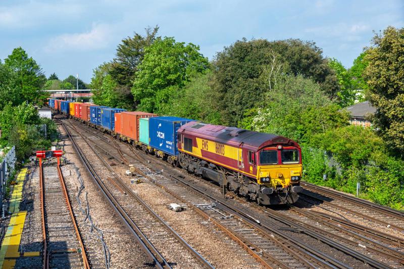 The EWS livery, first seen in April 1996, is rapidly disappearing from the modern railway scene. Until this month, the oldest working locomotive still in the colours (and its original paint) was 66003, which passes St Denys working the well-loaded 0920 Trafford Park-Southampton on May 8. TOM MCATEE.