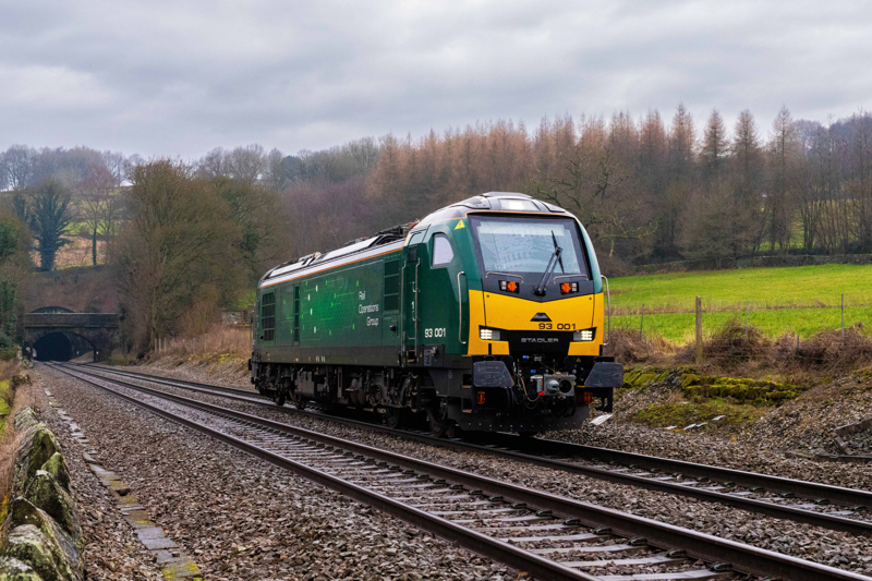 93001 powers past the Chevin (Milford) with the 1117 Crewe South Yard to Worksop Down Yard on January 20. STEVE DONALD.