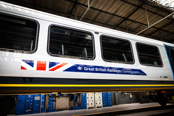 Great British Railways teaser on the side of a South Western Railway train. DEPARTMENT FOR TRANSPORT.