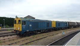 HNRC 20107 and 20096, on hire to GB Railfreight, at Derby on June 26 2015. RICHARD CLINNICK.