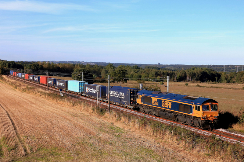 GB Railfreight 66704 Colchester Power Signalbox passes Plawsworth (near Durham on the ECML) on September 16 2024 with the 1107 Mossend Pd Stlg Gbrf to Doncaster Iport Gbrf Intermodal. PAUL BIGGS.