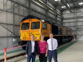 John Smith, CEO of GB Railfreight, Maggie Simpson, Director General of the Rail Freight Group and Phil Williamson, Managing Director of Cairn Cross. GBRf.