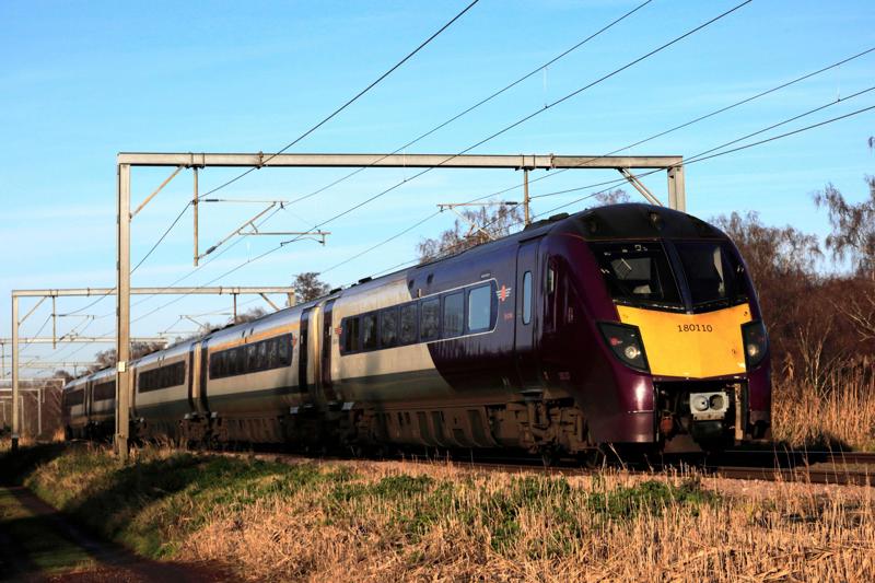 Grand Central 180110 passes St Neots (Cambridgeshire) on December 6 2023. The company is seeking additional stops at Peterborough and new paths to Yorkshire locations. ALAMY.