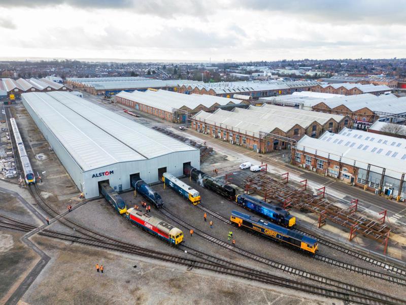 A bird’s eye view of the Greatest Gathering launch at Alstom’s Derby Litchurch Lane facility. STEVE DONALD.