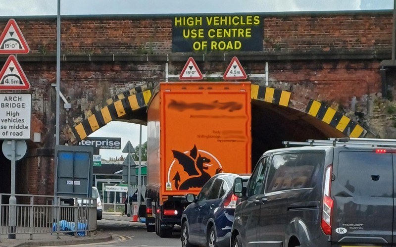 A lorry stuck under the East Coast Main Line at Harlaxton Road, Grantham. NETWORK RAIL.