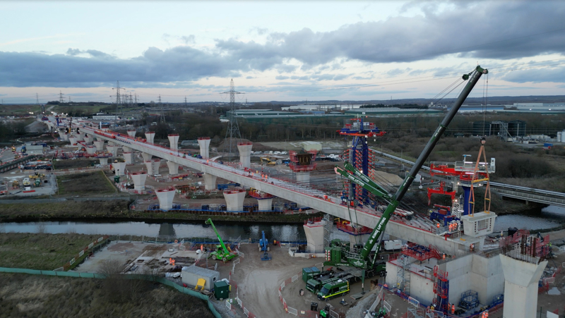 A bird’s eye view of the Delta Junction site shows the viaduct section in place, passing over the Birmingham- Tamworth line. CHRIS HOWE.