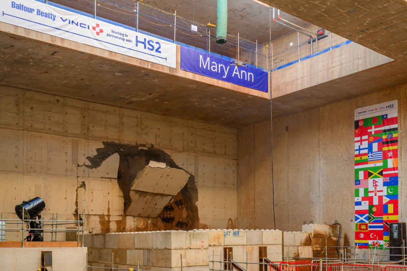 Tunnel boring machine Mary Ann breaks through at the end of HS2's Bromford Tunnel, Birmingham. HS2 LTD.