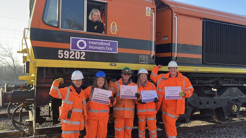 Some of the women responsible for managing and operating the 0220 Whatley Quarry-Theale freight train that ran on March 4. From left to right: Anita Bradfield – Mobile Operations Manager, Network Rail; Jess Lippett - Senior Regional Freight Manager, Network Rail; Joanne Edwards – Site Foreman, Heidelberg; Jessica Hannon - Assistant Rail Manager, Heidelberg ; Jemma Ringland – Operations Support Manager, Freightliner. NETWORK RAIL.