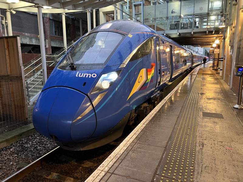 803003 waits to leave Edinburgh with the 1613 to King’s Cross on a very rainy November 27 2023. PIP DUNN