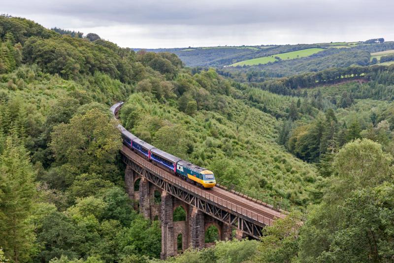 HST 43002 Sir Kenneth Grange powers over Largin Viaduct on August 6 2017. ALAMY.