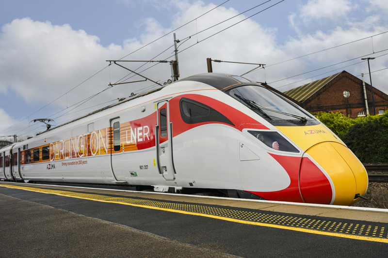 LNER Azuma unit 801207 at York station in its new Darlington livery to celebrate Railway 200. LNER.