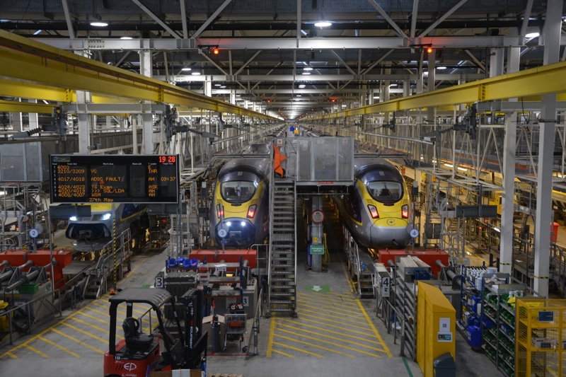 View of an e300 and two e320 Eurostar trains from the mezzanine inside Temple Mills depot. DAVID STUBBINGS.