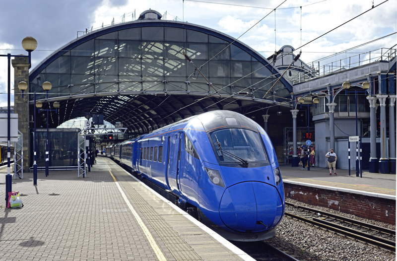 Lumo 803 001 arrives at Newcastle Central forming the 1525 Edinburgh-King’s Cross on August 6 2022. Lumo is one of three open access operators on the East Coast Main Line. ANTONY GUPPY.