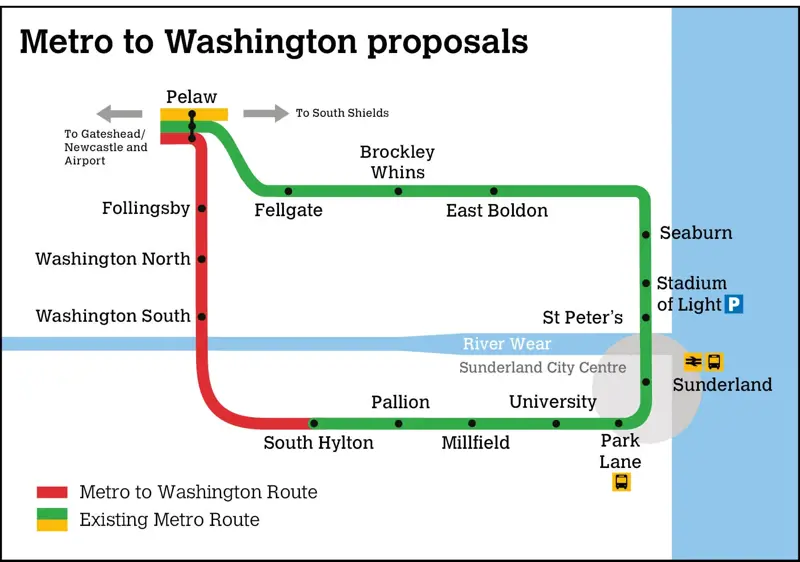 A map showing the proposed new Tyne and Wear Metro route via Washington. NEXUS.