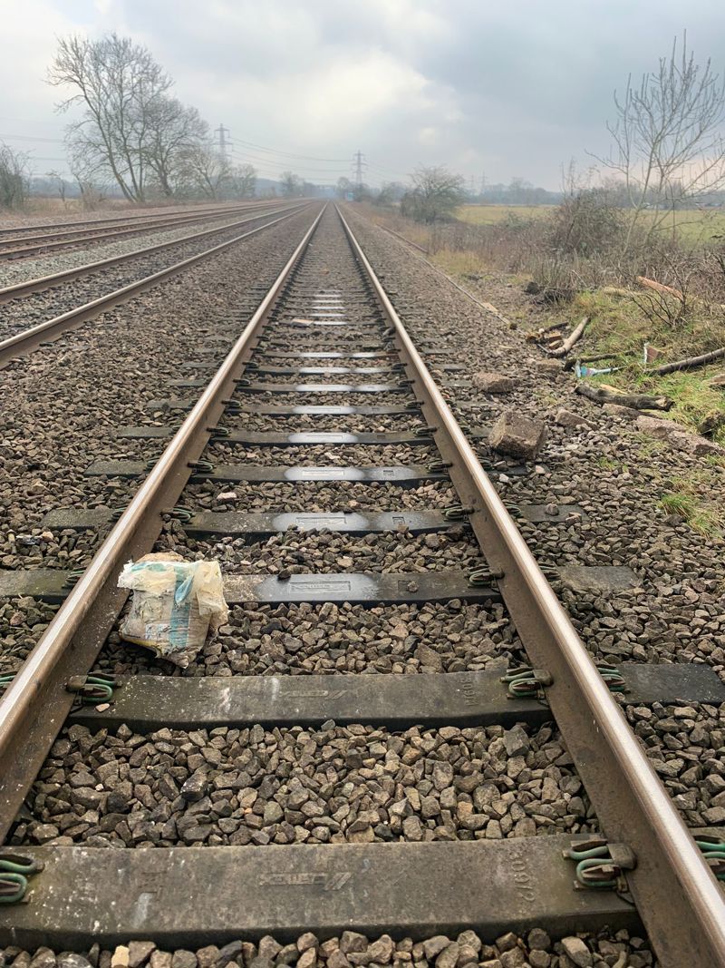 Building materials left on the track at Allsops Bridge near Loughborough. EMR.