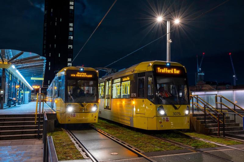 Greater Manchester PTE delivered the highly successful Metrolink tram network. Now Greater Manchester Mayor Andy Burnham wants to bring more local lines into his Bee network, alongside Metrolink. On November 8 2022, Metrolink 3079 and 3049 line up at Deansgate with services to Trafford Bar and Eccles. TOM MCATEE.