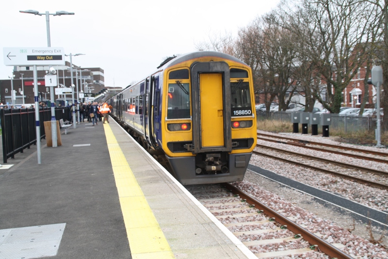 Northern 158850 stands at Ashington on December 12, with the special preview train ahead of the Northumberland Line reopening to passenger services. ANDY COMFORT.